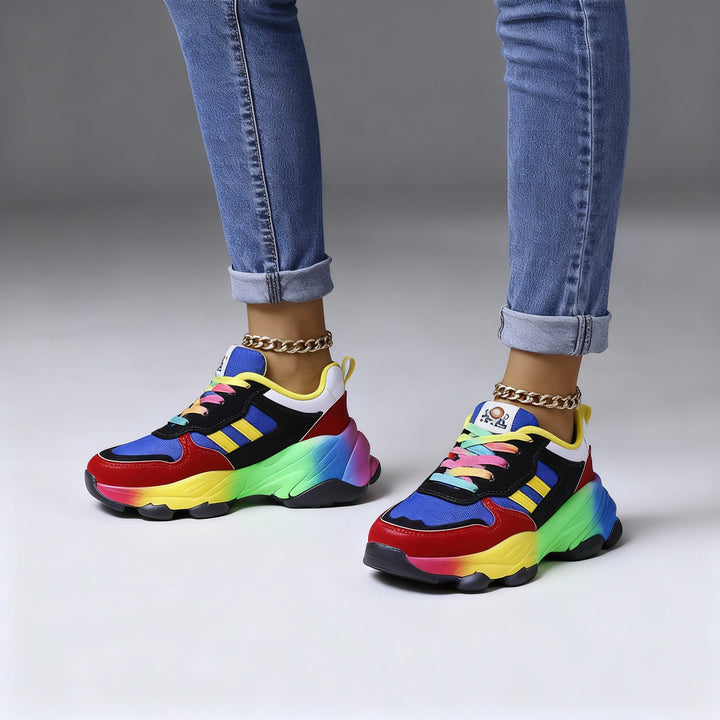 Damen Orthopädische Regenbogen Schnür-Sneaker – Bunte Chunky Komfort Turnschuhe