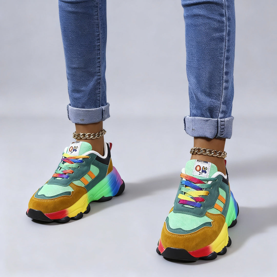 Damen Orthopädische Regenbogen Schnür-Sneaker – Bunte Chunky Komfort Turnschuhe