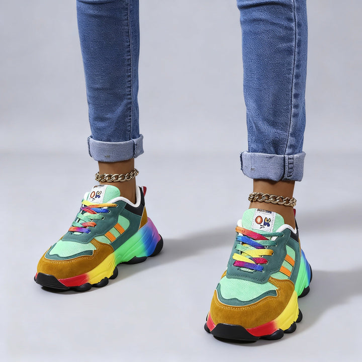 Damen Orthopädische Regenbogen Schnür-Sneaker – Bunte Chunky Komfort Turnschuhe