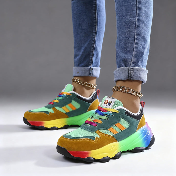Damen Orthopädische Regenbogen Schnür-Sneaker – Bunte Chunky Komfort Turnschuhe