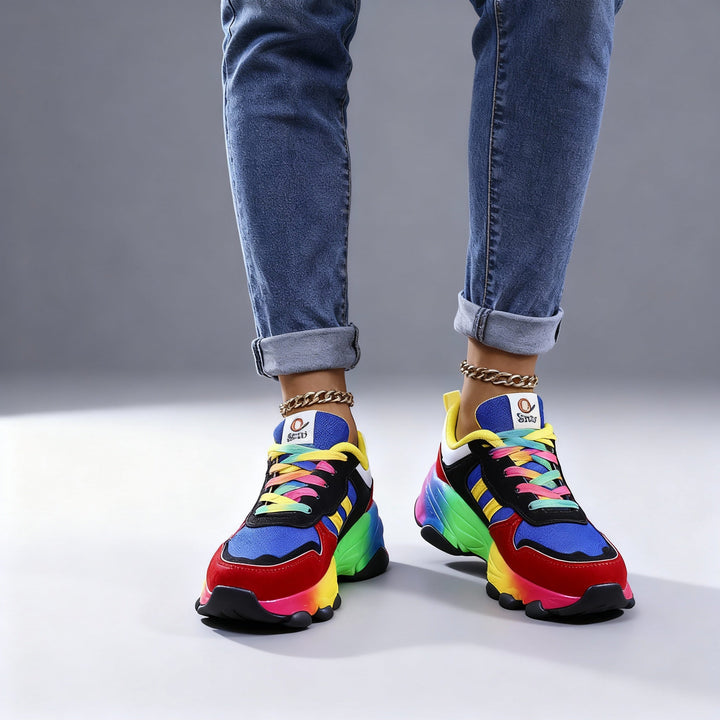 Damen Orthopädische Regenbogen Schnür-Sneaker – Bunte Chunky Komfort Turnschuhe
