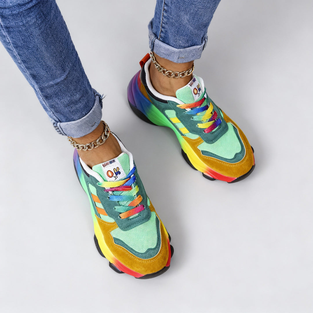 Damen Orthopädische Regenbogen Schnür-Sneaker – Bunte Chunky Komfort Turnschuhe