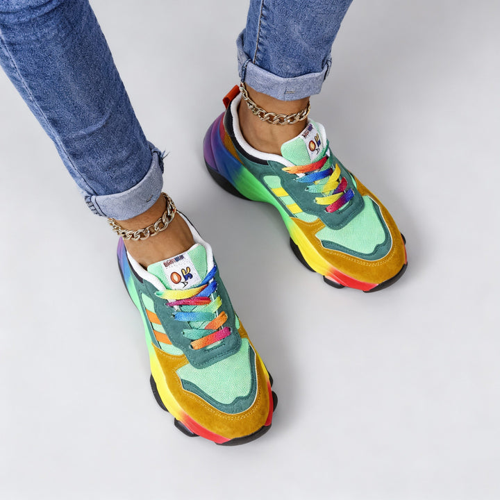 Damen Orthopädische Regenbogen Schnür-Sneaker – Bunte Chunky Komfort Turnschuhe