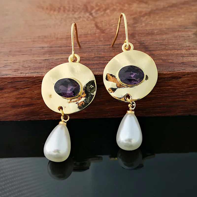Lila Kristall-Ohrhänger für Damen – Vintage-Goldschmuck mit geometrischem Muster