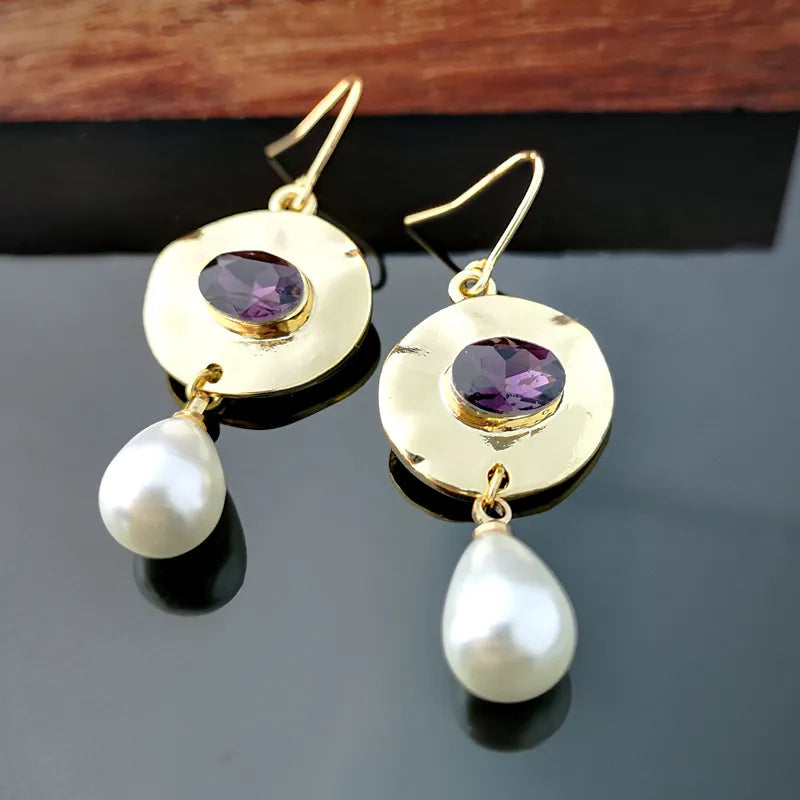 Lila Kristall-Ohrhänger für Damen – Vintage-Goldschmuck mit geometrischem Muster