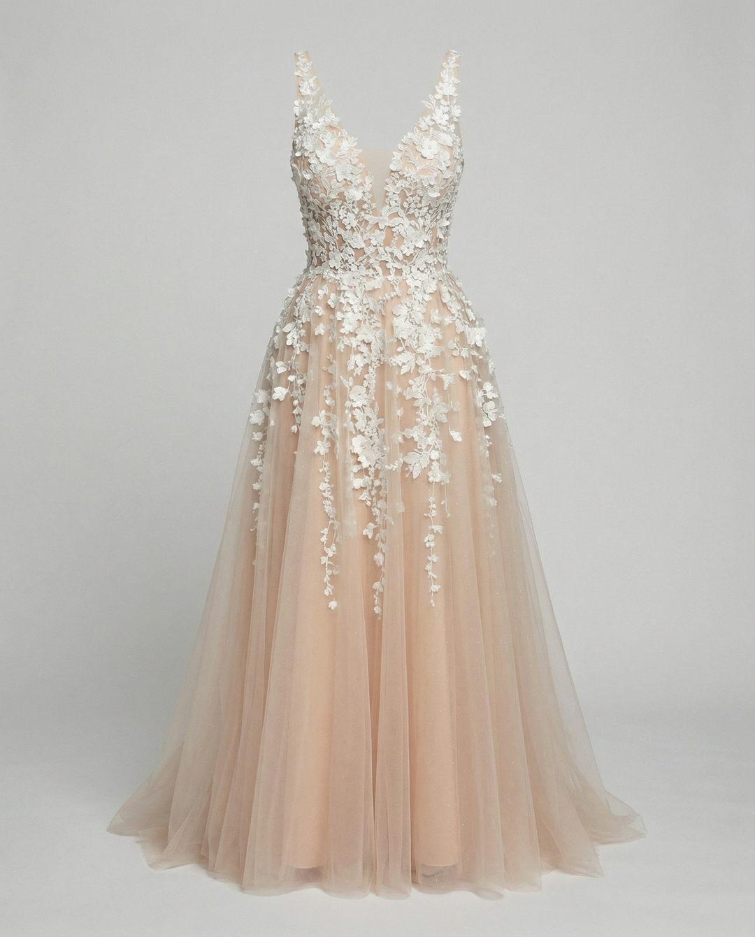 Damen Elegantes V-Ausschnitt Blumen Besticktes Hochzeitskleid – Luxus Brautkleid