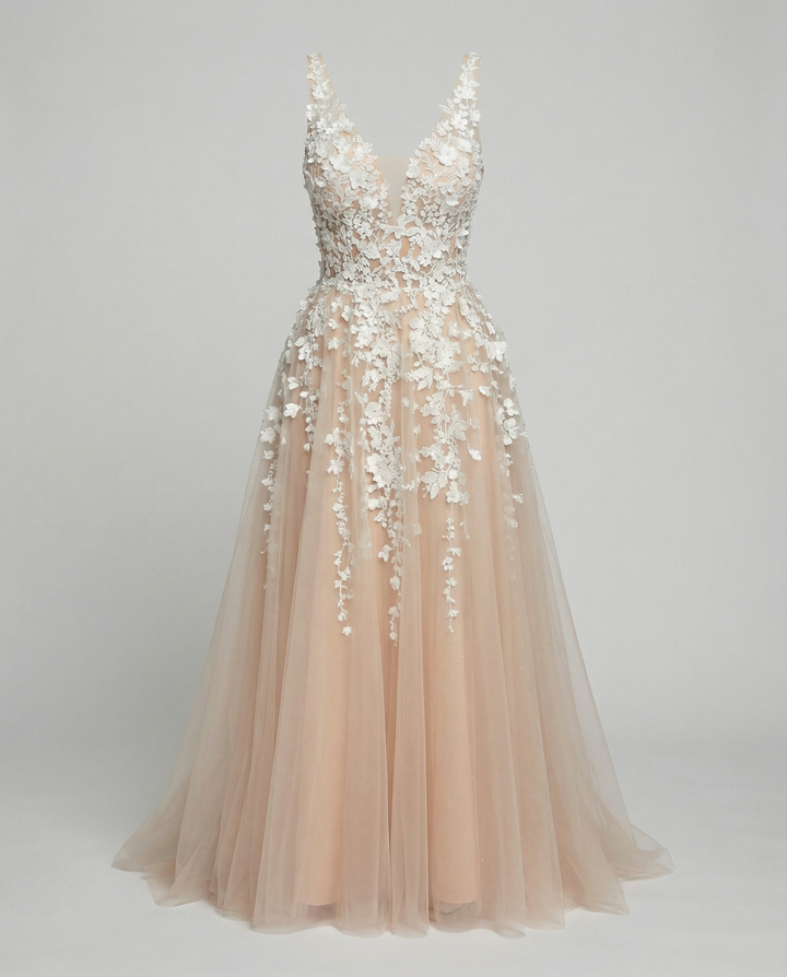 Damen Elegantes V-Ausschnitt Blumen Besticktes Hochzeitskleid – Luxus Brautkleid