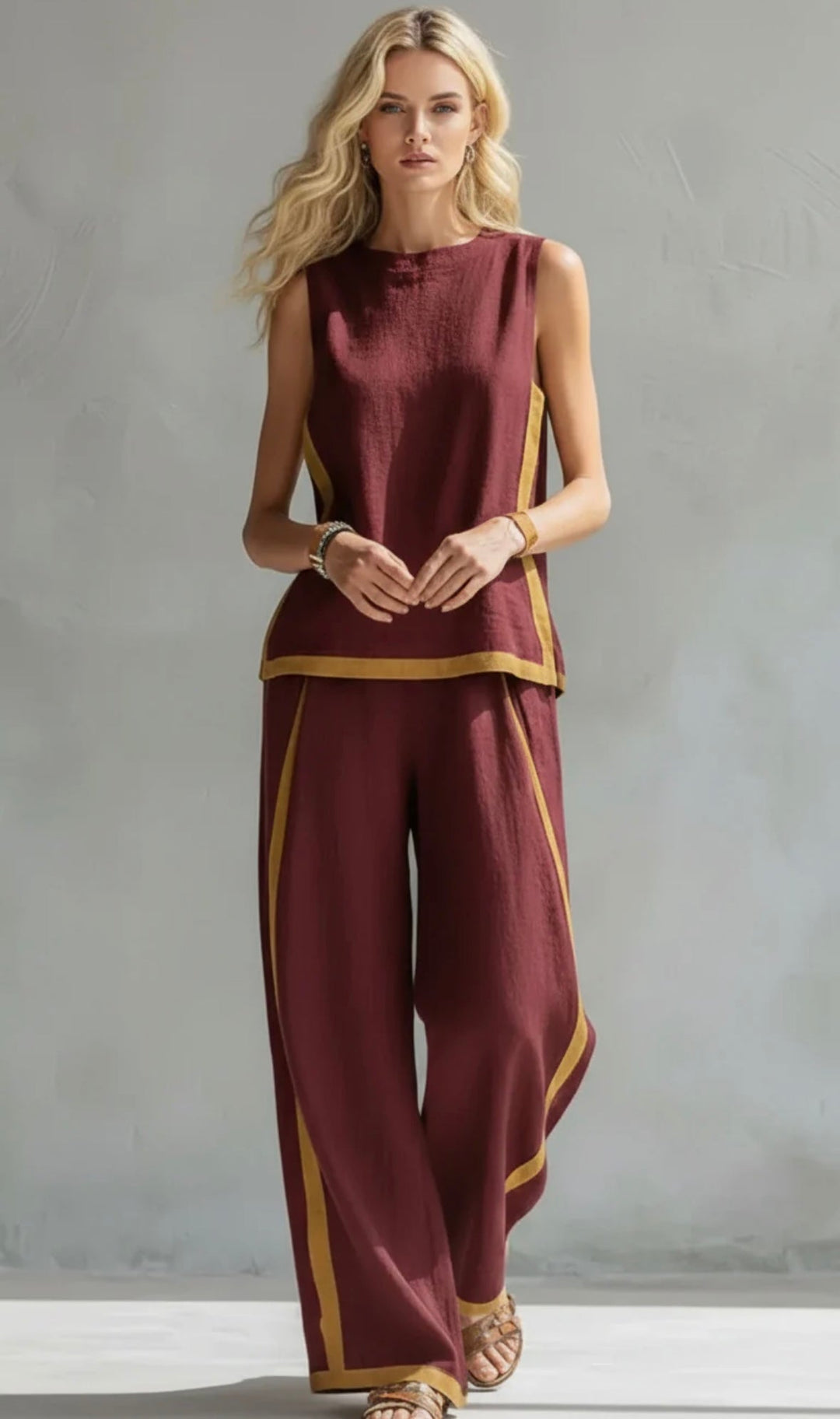 Damen Leinen Zweiteiler Set - Ärmelloses Casual Sommer Outfit