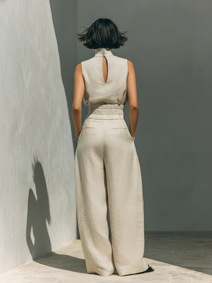 Damen Leinen Zweiteiler Set - Rollkragen Top Weite Hose