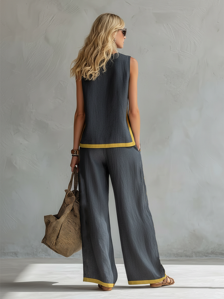 Damen Lockeres Leinen Zweiteiler Set - Ärmelloses Casual Outfit