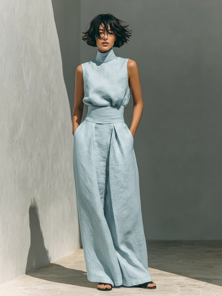 Damen Leinen Zweiteiler Set - Rollkragen Top Weite Hose