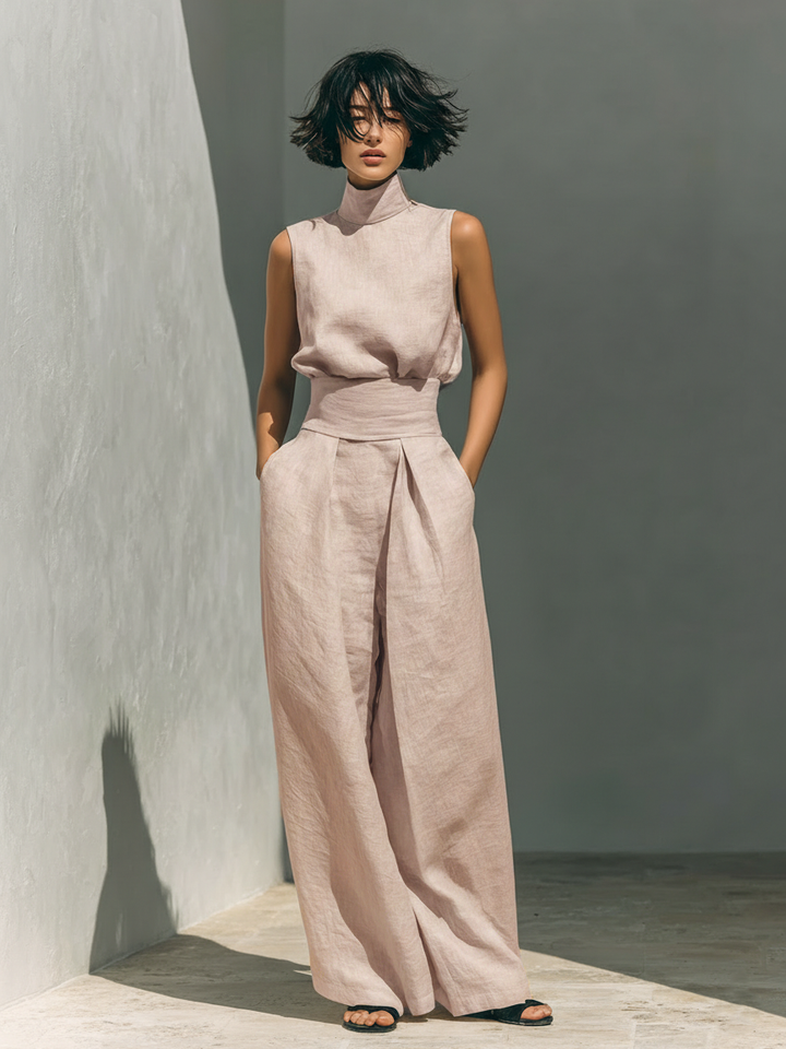 Damen Leinen Zweiteiler Set - Rollkragen Top Weite Hose