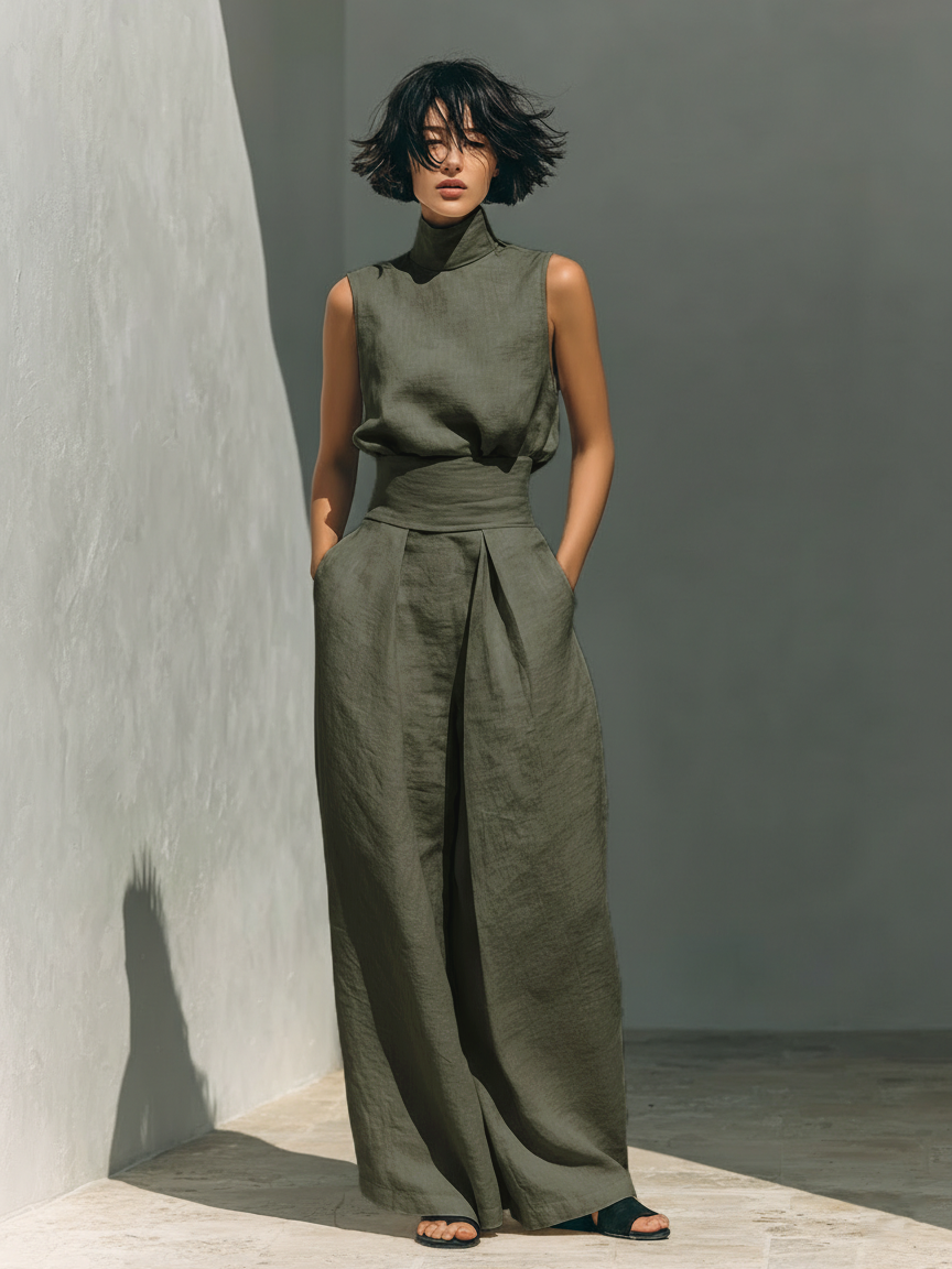 Damen Leinen Zweiteiler Set - Rollkragen Top Weite Hose