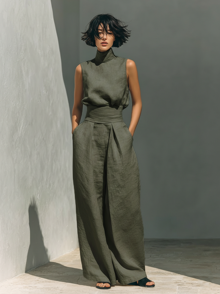 Damen Leinen Zweiteiler Set - Rollkragen Top Weite Hose
