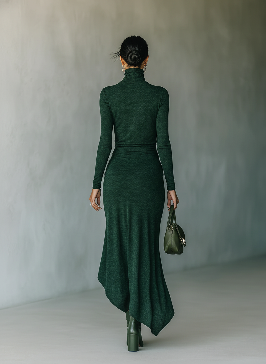 Dunkelgrünes Strick-Midikleid in Wickeloptik