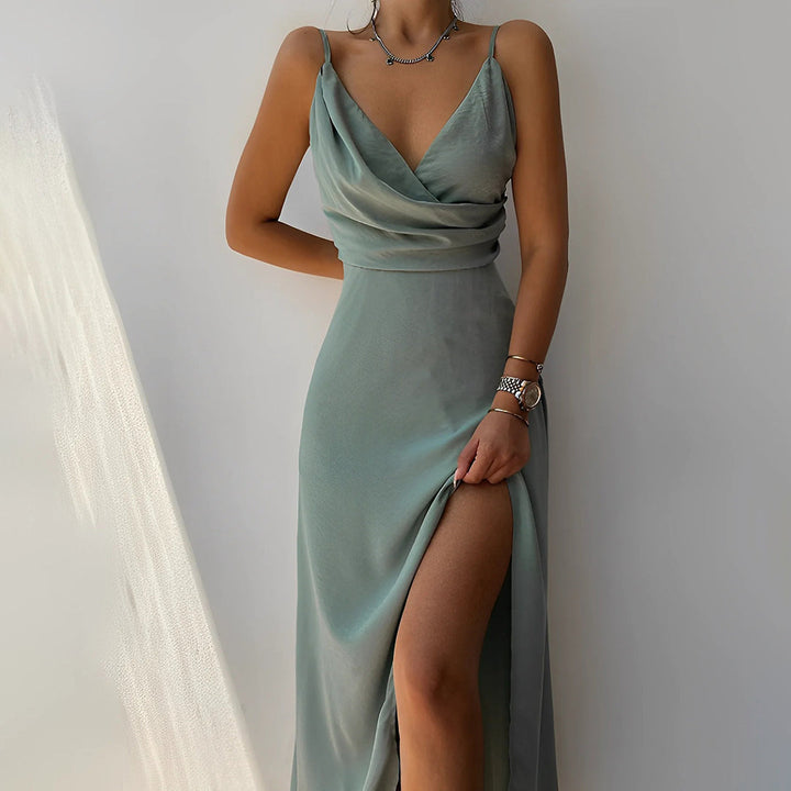 Ärmelloses Maxikleid für Damen mit tiefem V-Ausschnitt und vorderem Schlitz – Elegantes Abendkleid