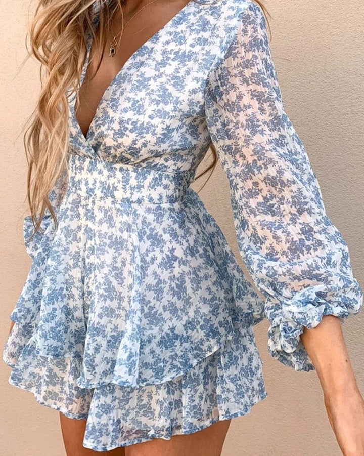 Damen-Jumpsuit mit V-Ausschnitt, langen Ärmeln, Blumenmuster und Rüschen – Sommer-Spielanzug