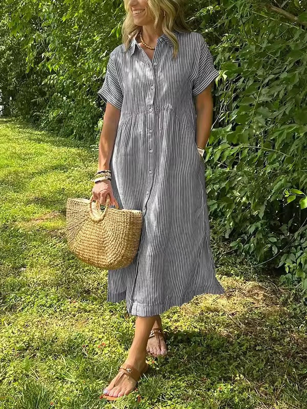 Damen Geknöpftes Gestreiftes Midikleid