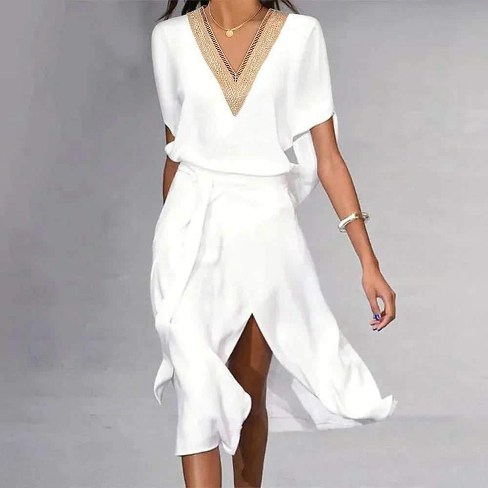 Damen Weißes Boho V-Ausschnitt Kleid - Kurzarm Sommer Kleid