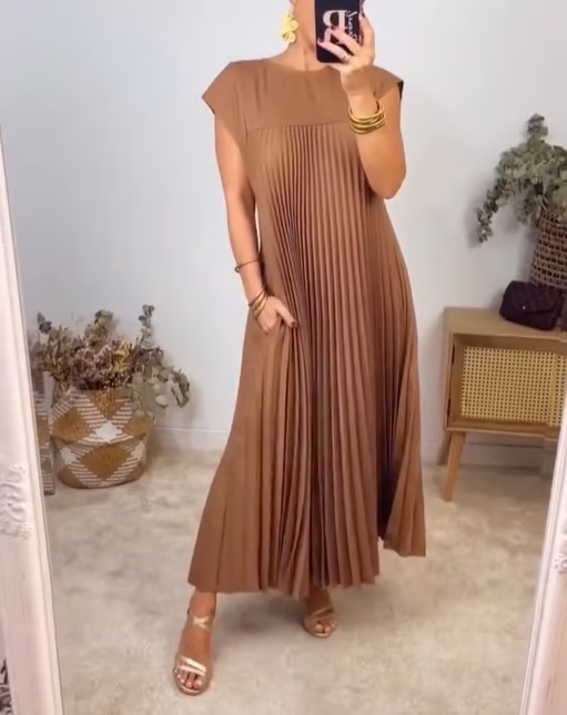 Damen Kurzarm Plissiertes Maxikleid