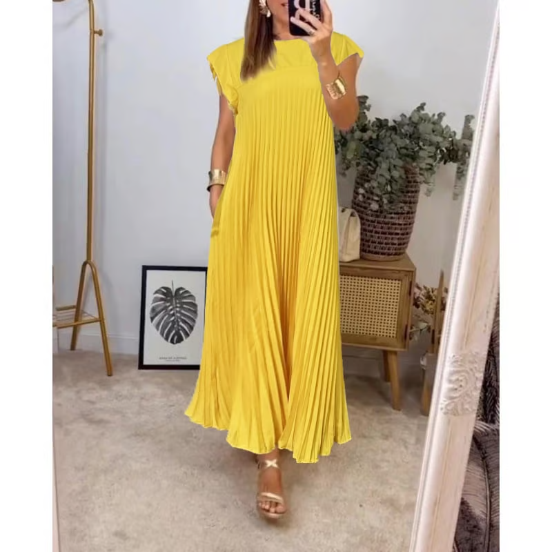 Damen Kurzarm Plissiertes Maxikleid