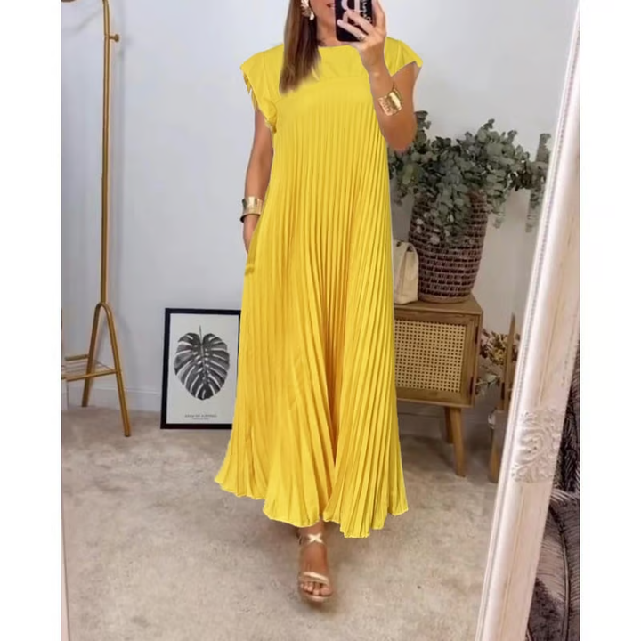 Damen Kurzarm Plissiertes Maxikleid