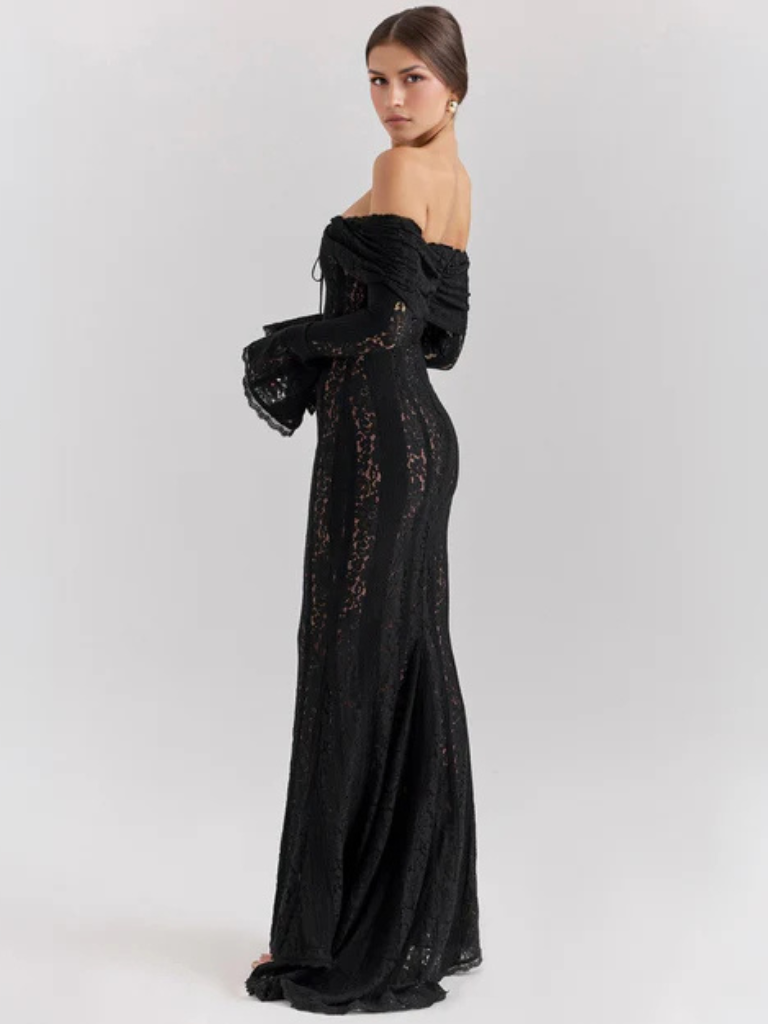 Elegantes, schulterfreies Maxikleid aus Spitze mit fließender Silhouette – Elegantes Abendkleid mit langen Ärmeln