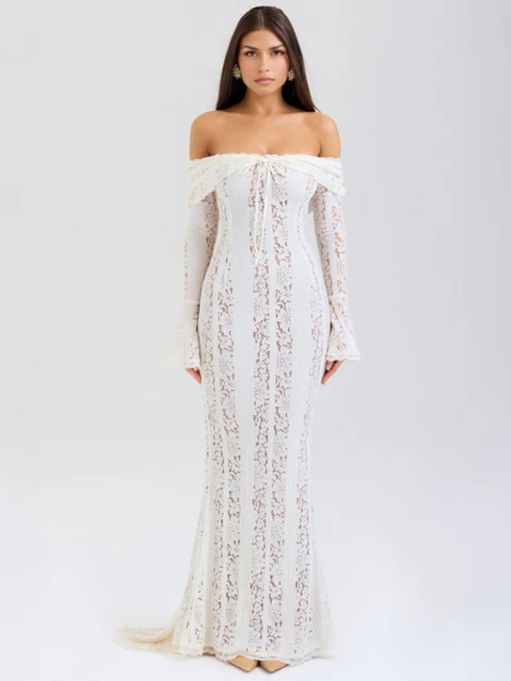 Elegantes, schulterfreies Maxikleid aus Spitze mit fließender Silhouette – Elegantes Abendkleid mit langen Ärmeln
