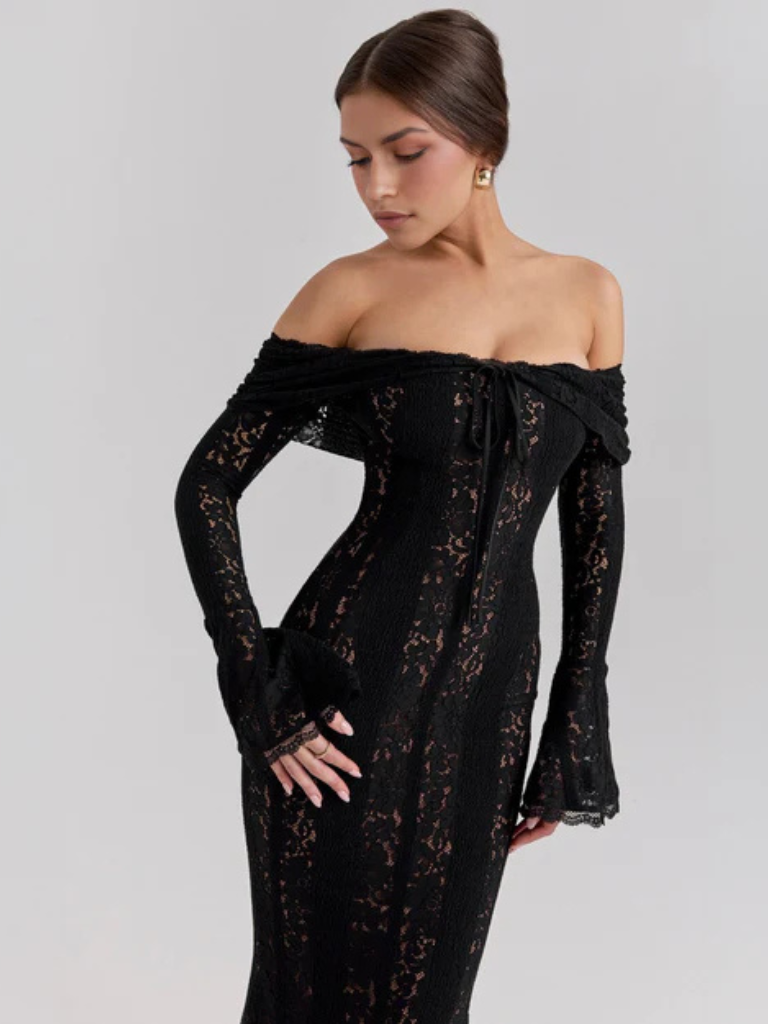 Elegantes, schulterfreies Maxikleid aus Spitze mit fließender Silhouette – Elegantes Abendkleid mit langen Ärmeln