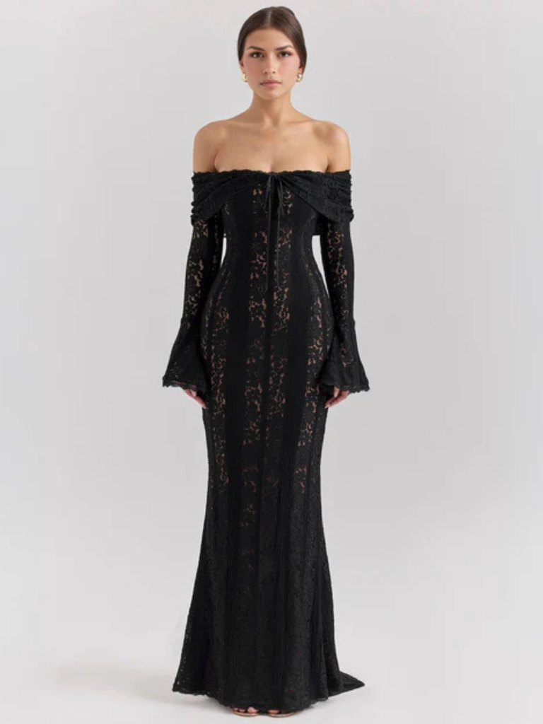 Elegantes, schulterfreies Maxikleid aus Spitze mit fließender Silhouette – Elegantes Abendkleid mit langen Ärmeln