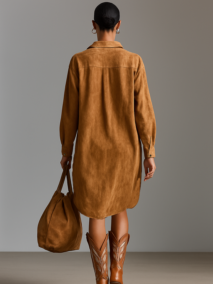Besticktes Midikleid in Wildleder-Optik mit Reverskragen