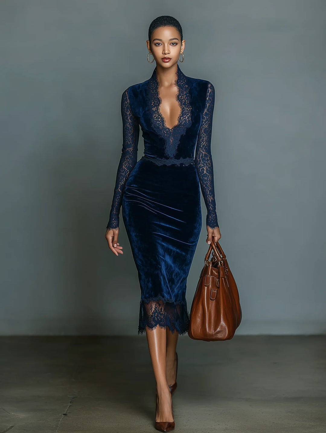 Dunkelblaues Samt-Midikleid mit Spitzenbesatz