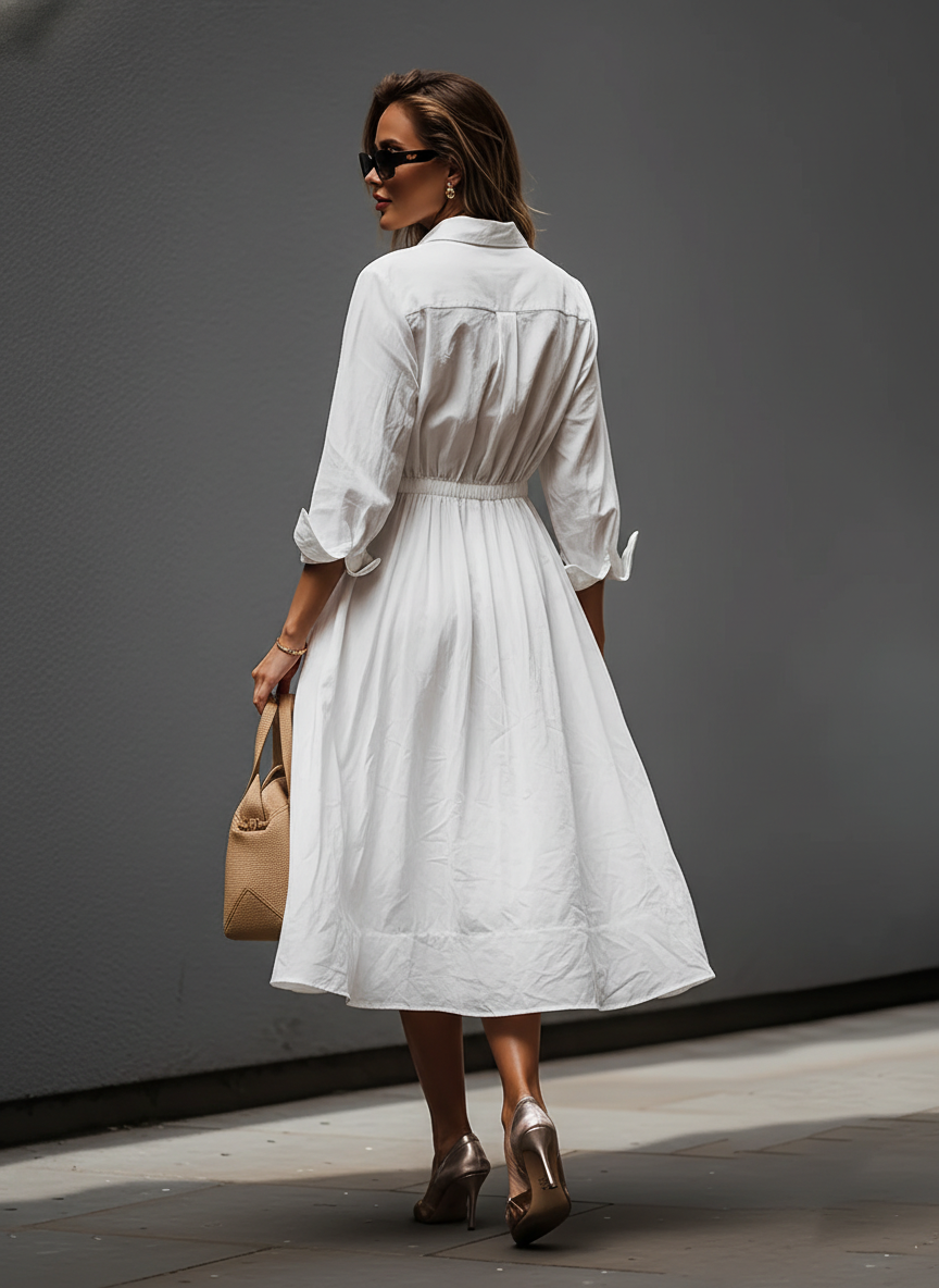 Weißes Leinen-Midikleid mit Hemdkragen und Stretchtaille