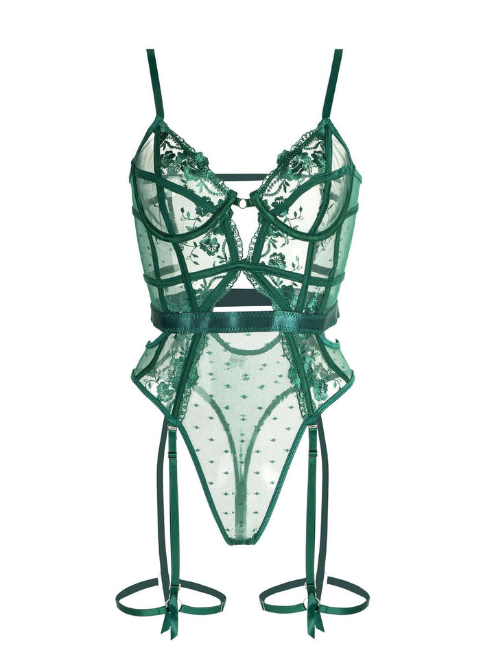 Grüne Spitzen-Body-Lingerie mit Bügel