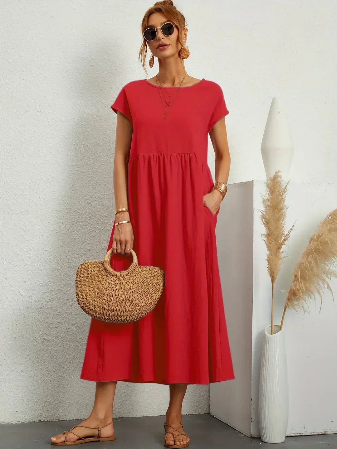 Damen Rundhals Locker Geschnittenes Midi Sommerkleid – Leichtes Freizeitkleid