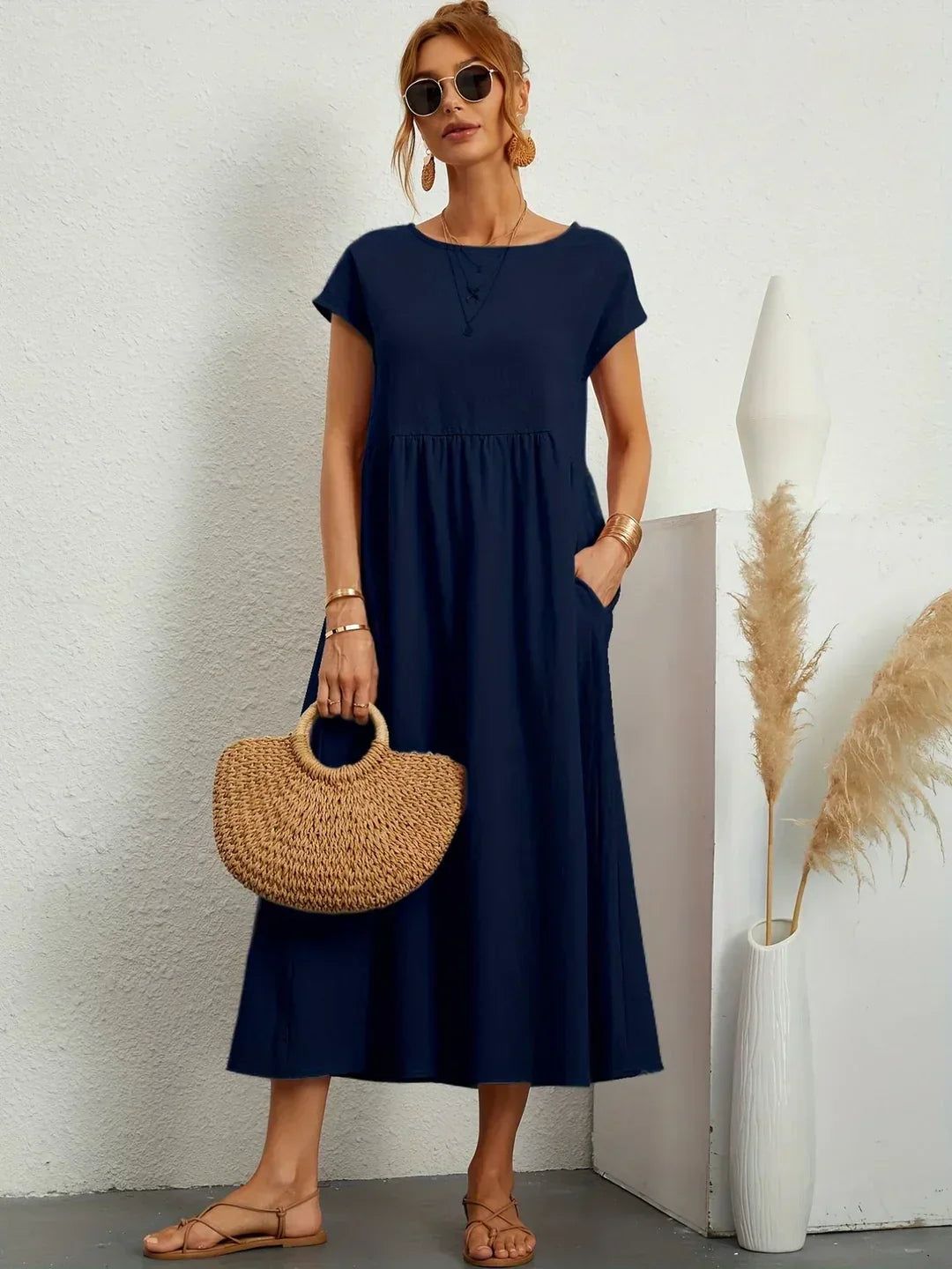 Damen Rundhals Locker Geschnittenes Midi Sommerkleid – Leichtes Freizeitkleid