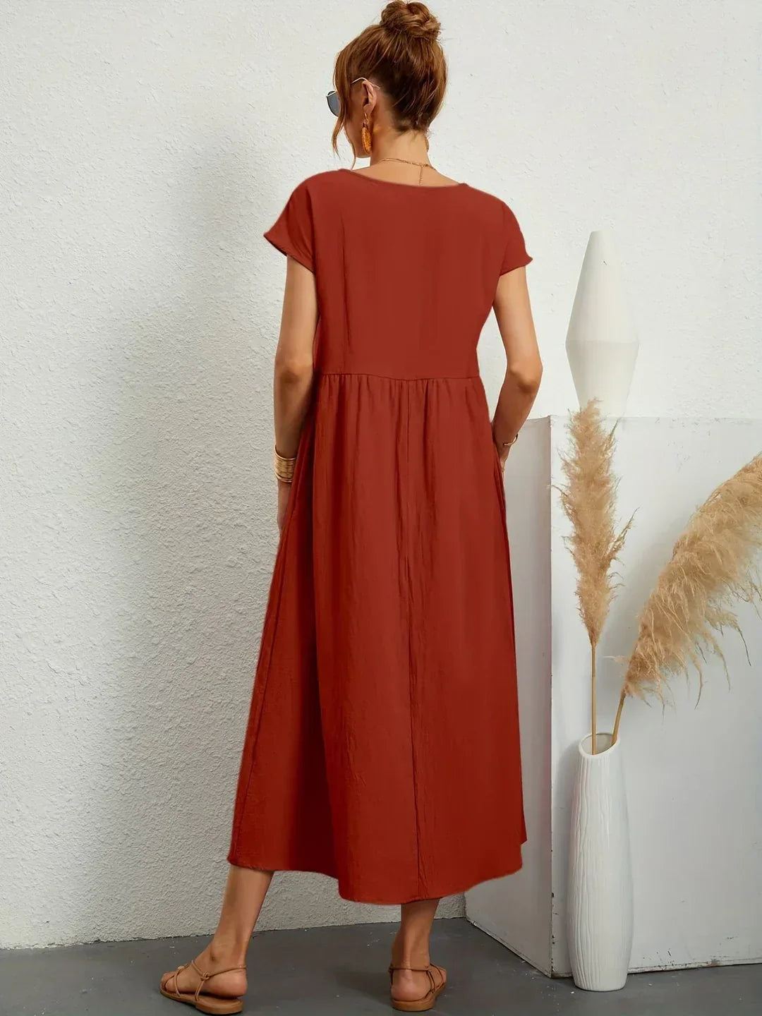 Damen Rundhals Locker Geschnittenes Midi Sommerkleid – Leichtes Freizeitkleid
