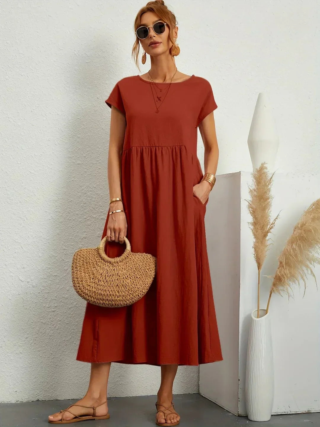 Damen Rundhals Locker Geschnittenes Midi Sommerkleid – Leichtes Freizeitkleid