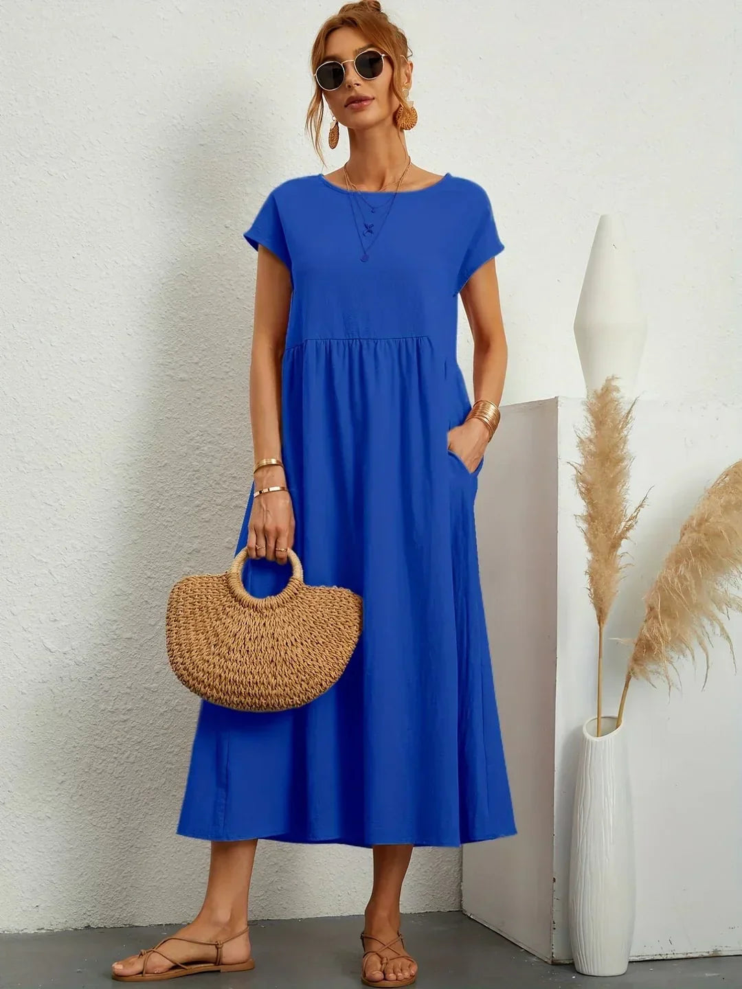 Damen Rundhals Locker Geschnittenes Midi Sommerkleid – Leichtes Freizeitkleid