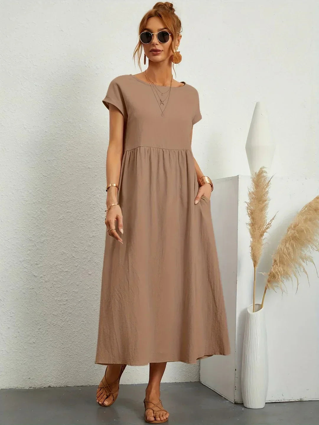 Damen Rundhals Locker Geschnittenes Midi Sommerkleid – Leichtes Freizeitkleid