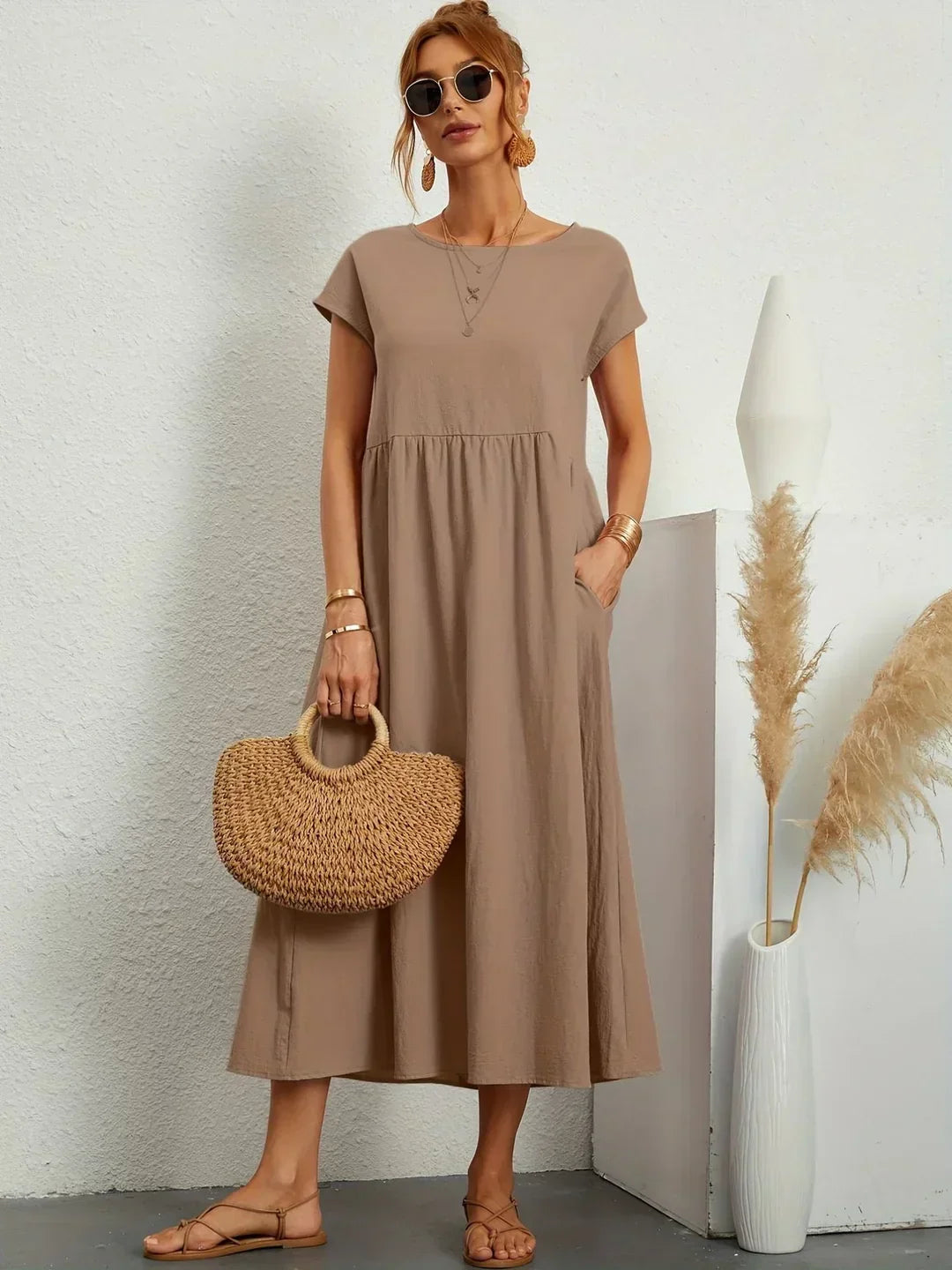 Damen Rundhals Locker Geschnittenes Midi Sommerkleid – Leichtes Freizeitkleid