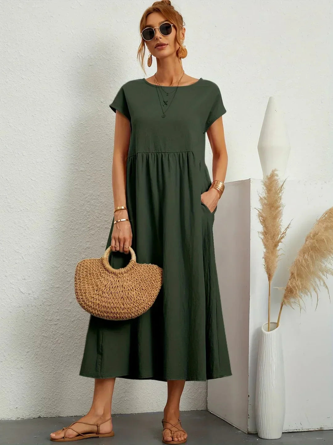 Damen Rundhals Locker Geschnittenes Midi Sommerkleid – Leichtes Freizeitkleid