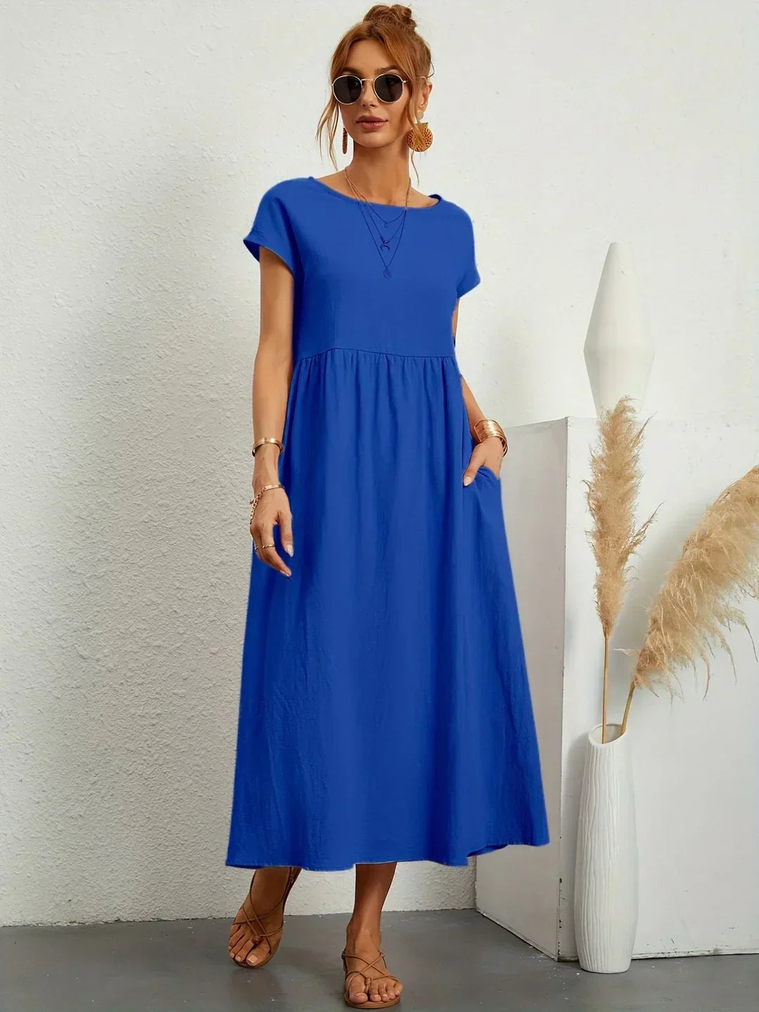 Damen Rundhals Locker Geschnittenes Midi Sommerkleid – Leichtes Freizeitkleid