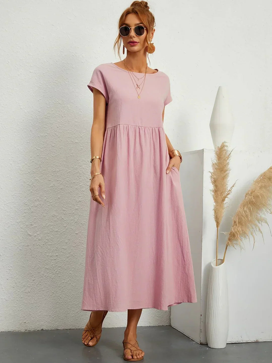 Damen Rundhals Locker Geschnittenes Midi Sommerkleid – Leichtes Freizeitkleid
