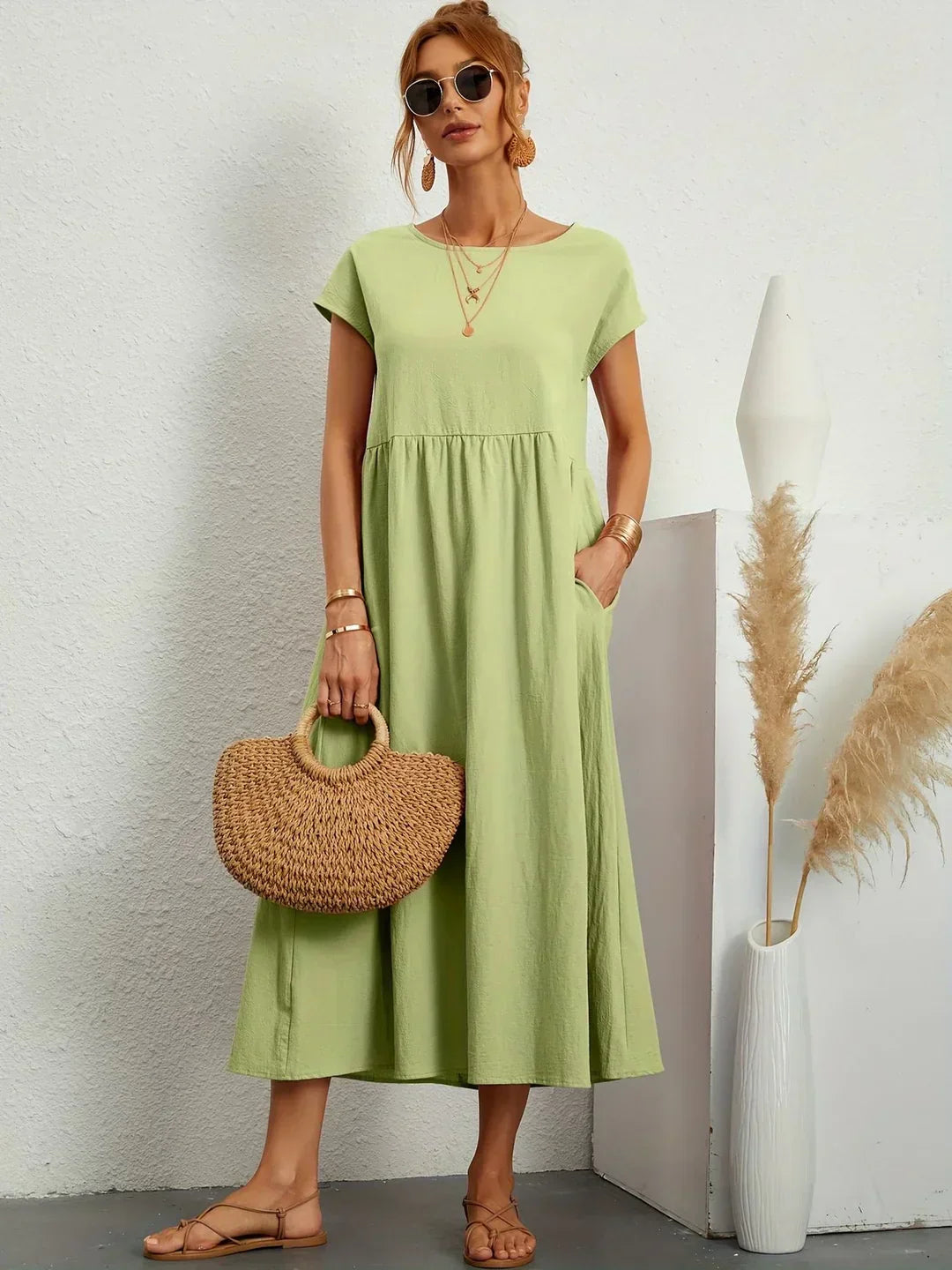 Damen Rundhals Locker Geschnittenes Midi Sommerkleid – Leichtes Freizeitkleid