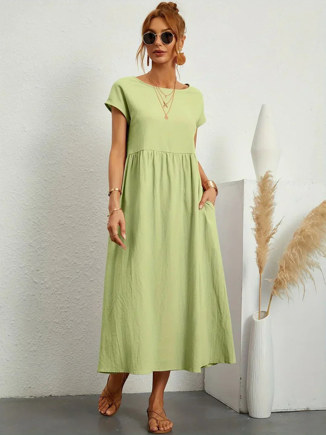 Damen Rundhals Locker Geschnittenes Midi Sommerkleid – Leichtes Freizeitkleid