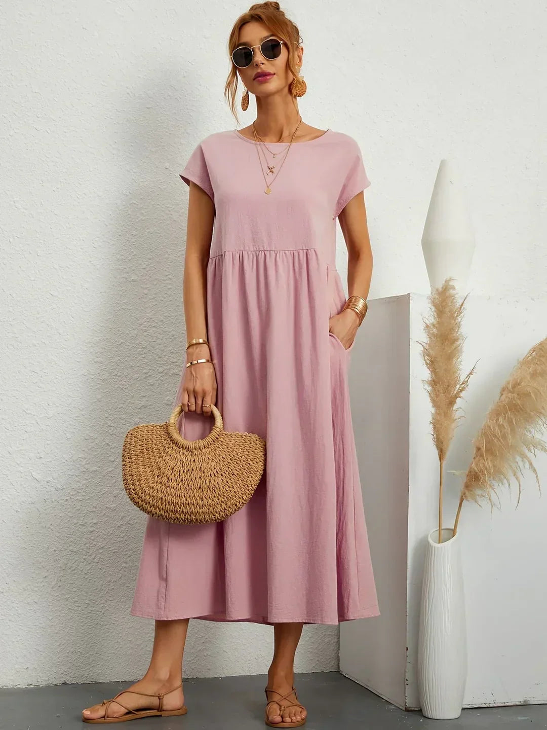 Damen Rundhals Locker Geschnittenes Midi Sommerkleid – Leichtes Freizeitkleid