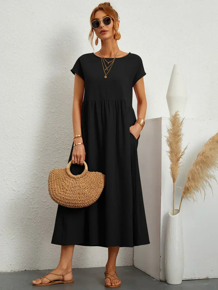 Damen Rundhals Locker Geschnittenes Midi Sommerkleid – Leichtes Freizeitkleid