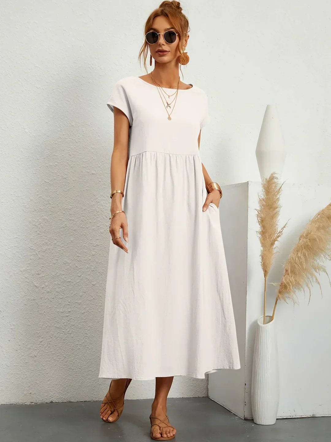 Damen Rundhals Locker Geschnittenes Midi Sommerkleid – Leichtes Freizeitkleid
