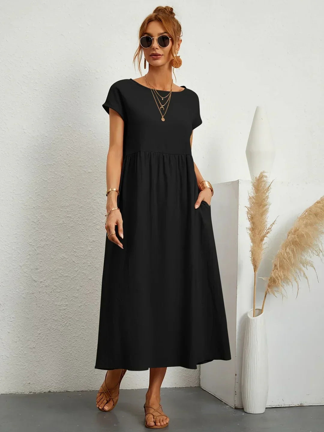 Damen Rundhals Locker Geschnittenes Midi Sommerkleid – Leichtes Freizeitkleid